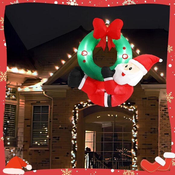Hanging Christmas Inflatable Santa with Wreath and Lights for Door or Yard - Picture 4 of 7